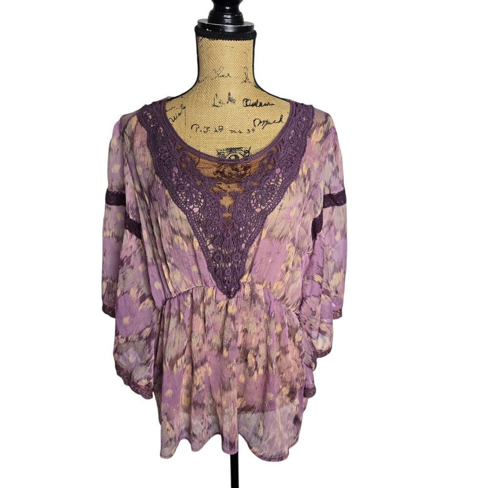 Free People Purple Floral Semi Sheer Flowy Peasant Top Crochet